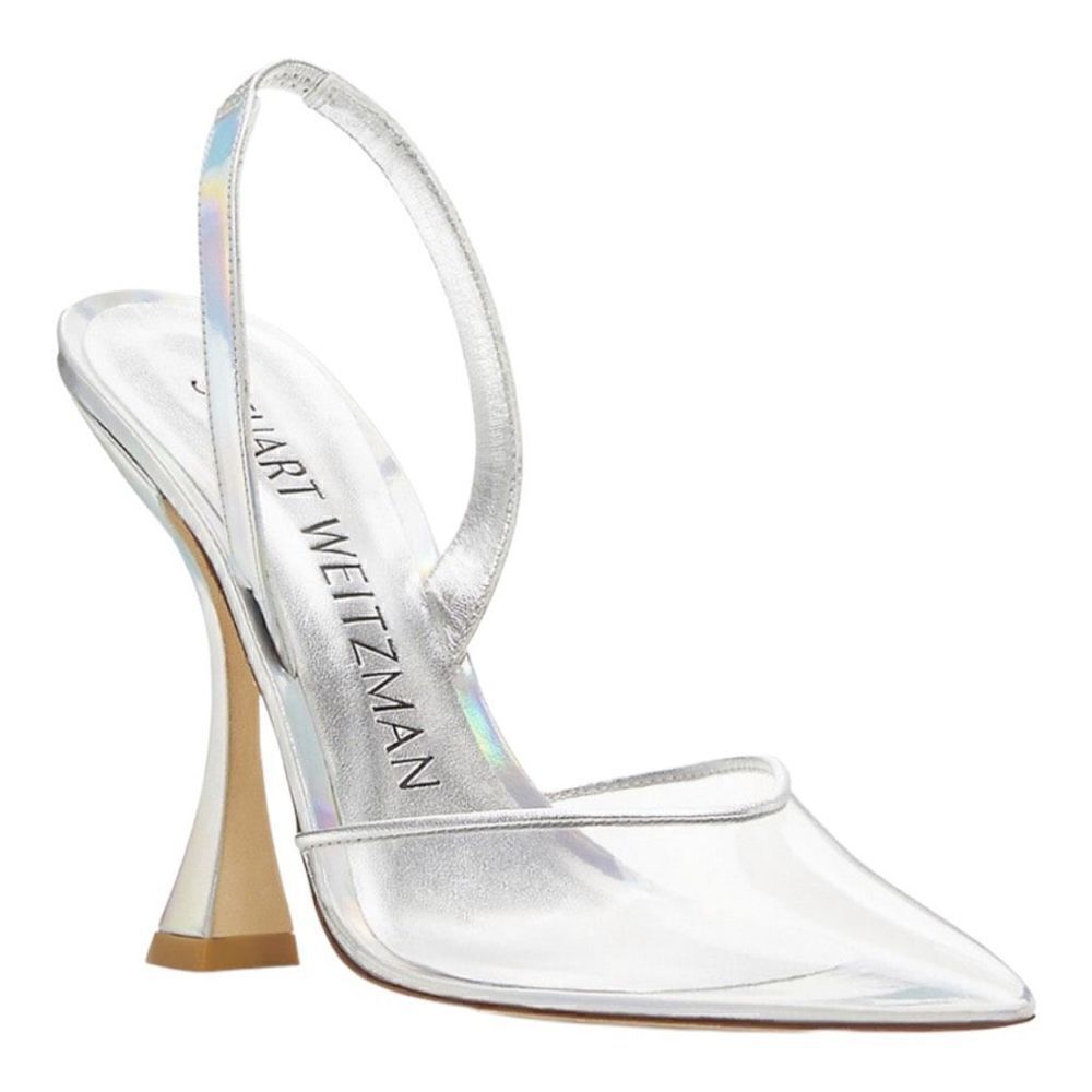 Stuart Weitzman Silver Iridescent Slingback Pointed-Toe Heels